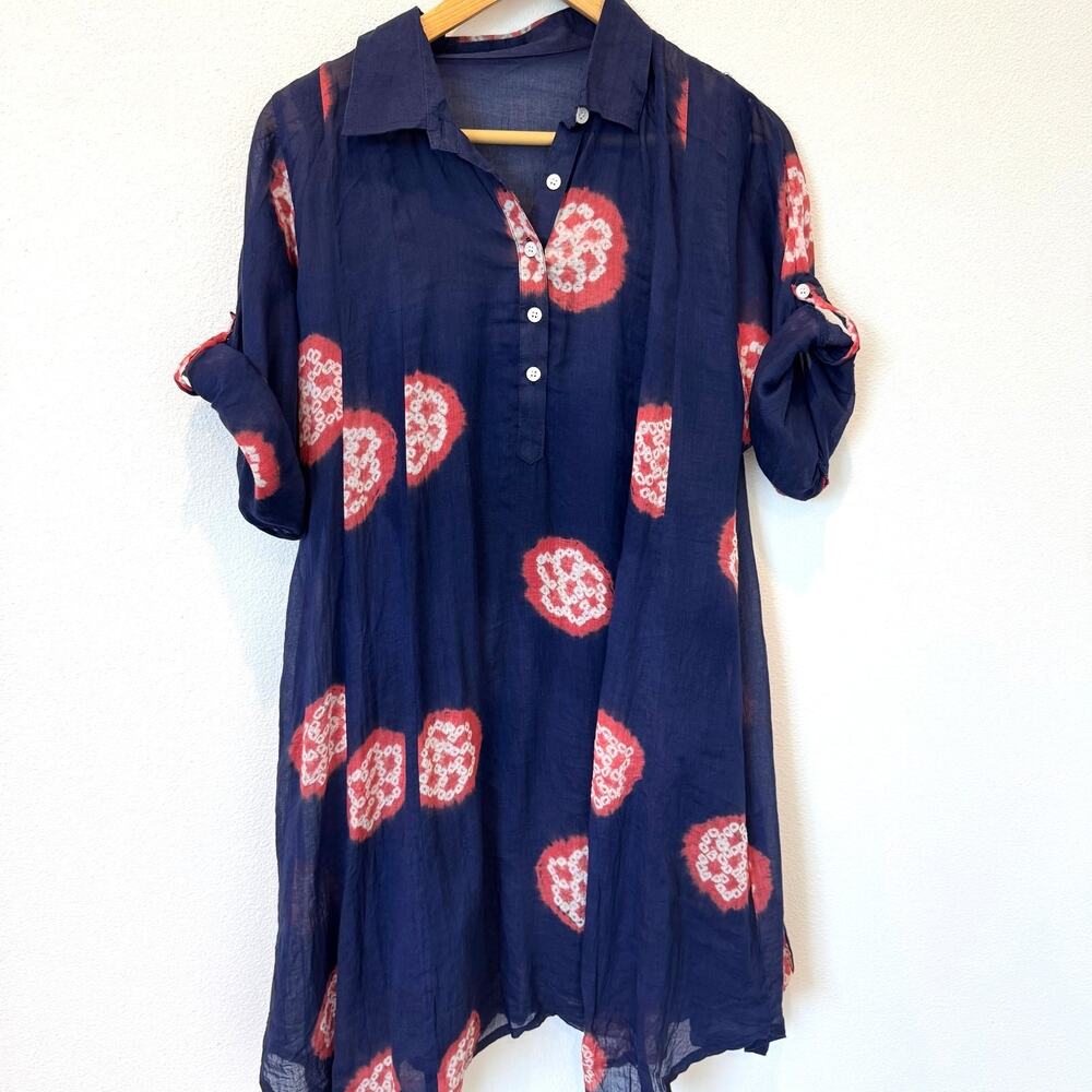 Boutique Navy Floral Tie Dye Sheer 3/4 Sleeve Cover Up Tunic Shirt Mini Dress OS - Picture 8 of 9